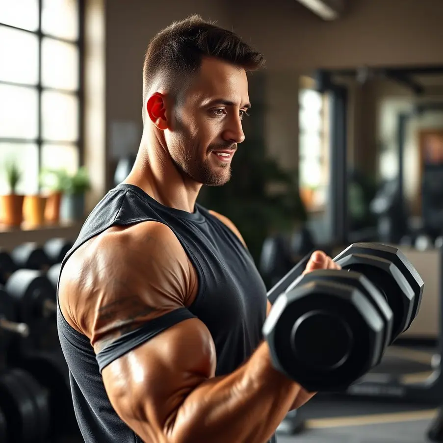 A person exercising with adjustable dumbbells in a home gym.