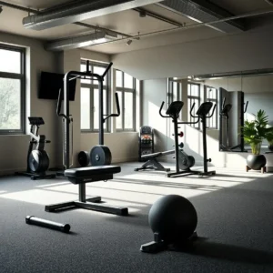 Various home workout equipment arranged neatly in a gym area. best home workout equipment