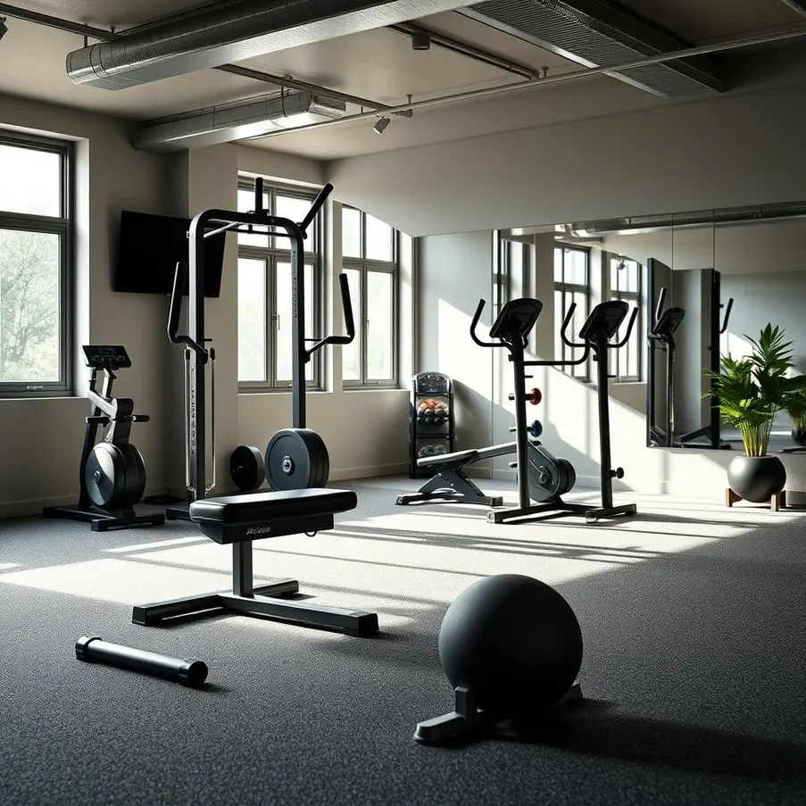 Various home workout equipment arranged neatly in a gym area.