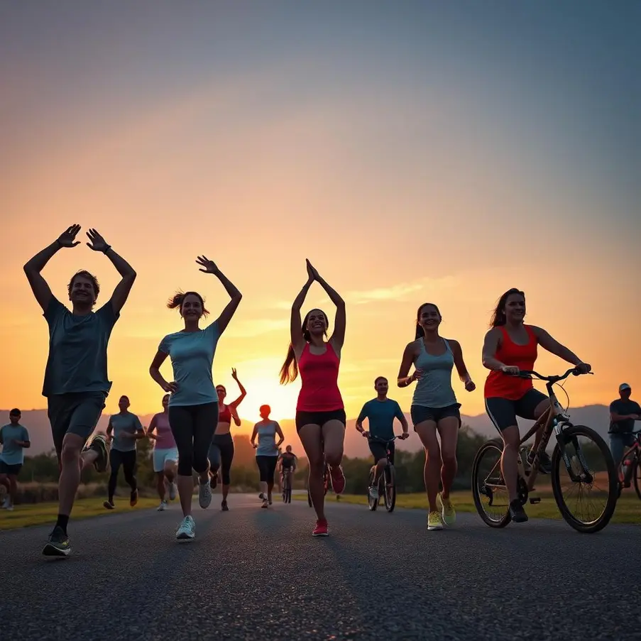 A diverse group engaging in outdoor fitness activities under a sunrise.