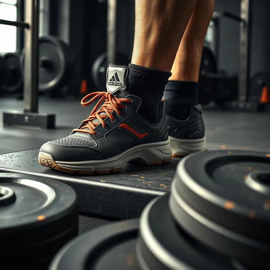 Well-used weightlifting shoes positioned next to barbell with heavy plates