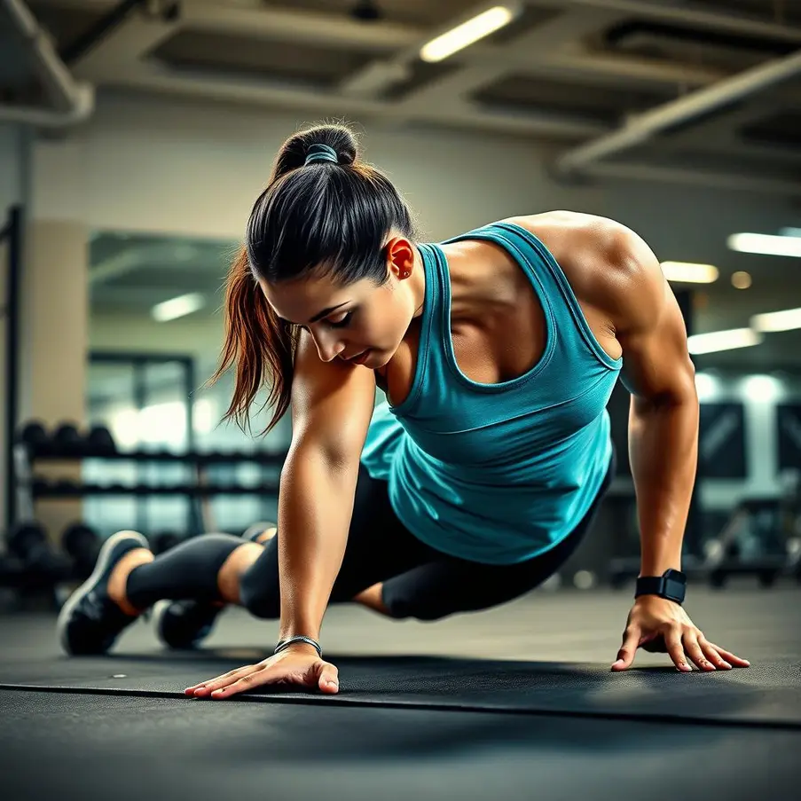 A woman doing push-ups, showcasing muscular endurance.