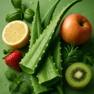 Aloe Vera leaves with fruits and herbs depicting health benefits.Aloe Vera Weight Loss