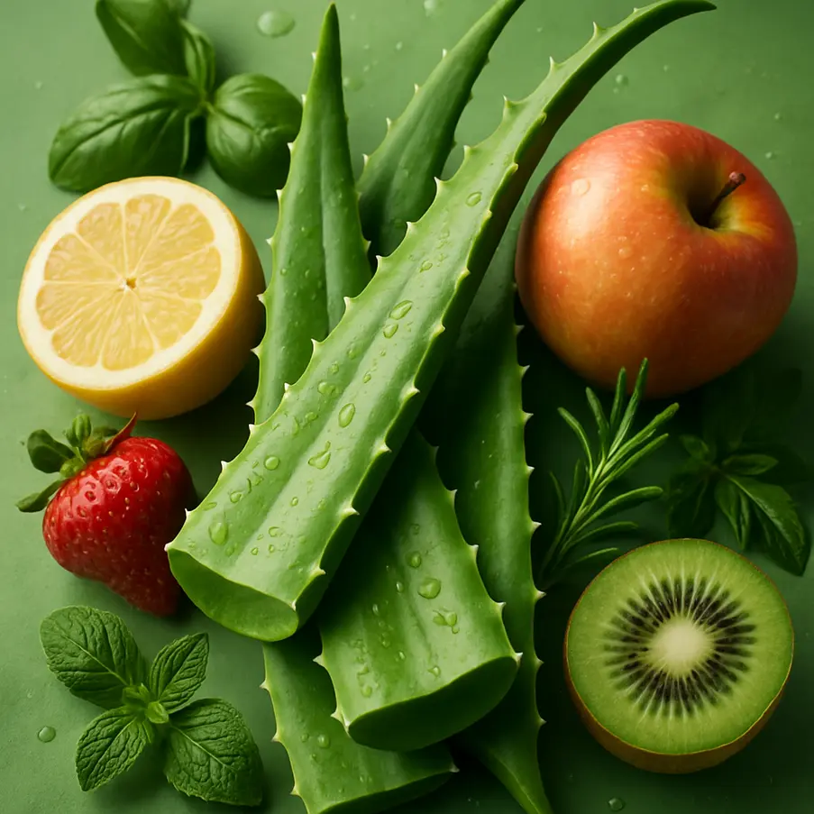 Aloe Vera leaves with fruits and herbs depicting health benefits.Aloe Vera Weight Loss