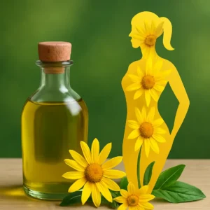 A serene image combining Arnica flowers and a person's silhouette to signify weight loss and wellness. Arnica Oil for Weight Loss