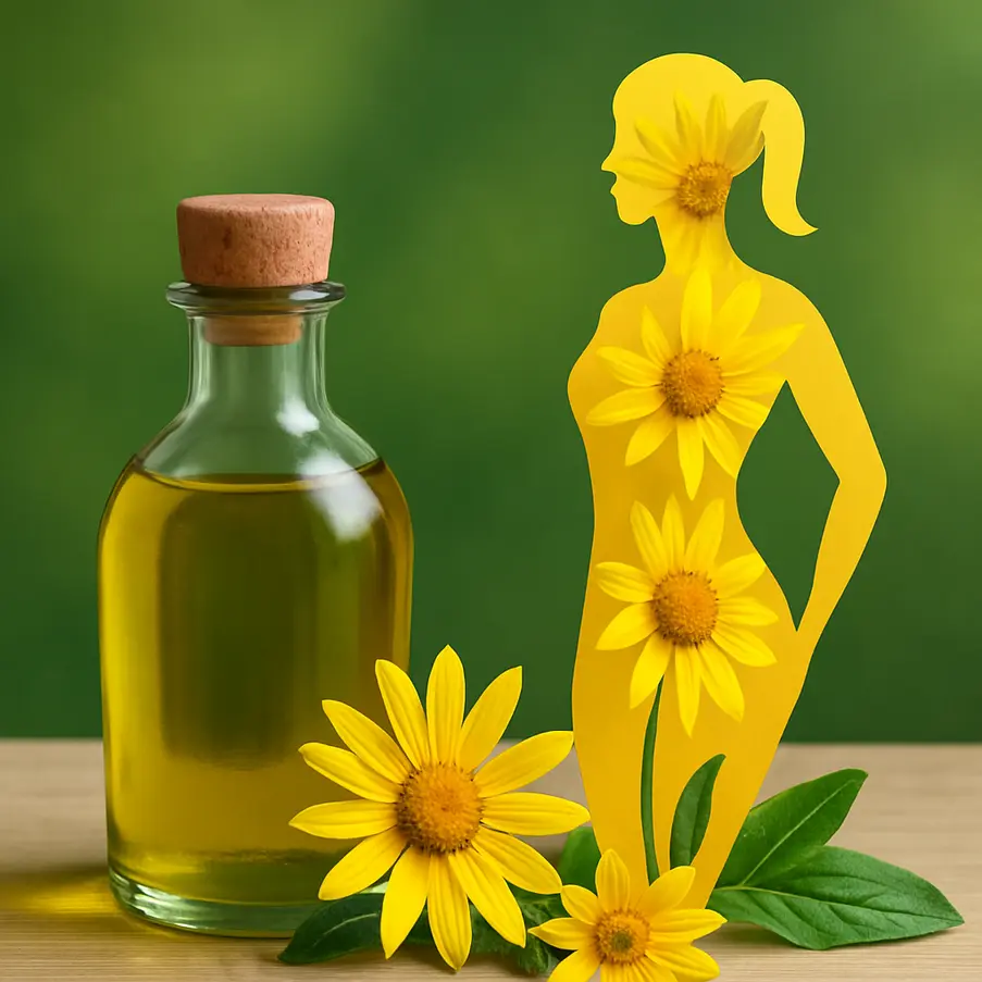 A serene image combining Arnica flowers and a person's silhouette to signify weight loss and wellness. Arnica Oil for Weight Loss