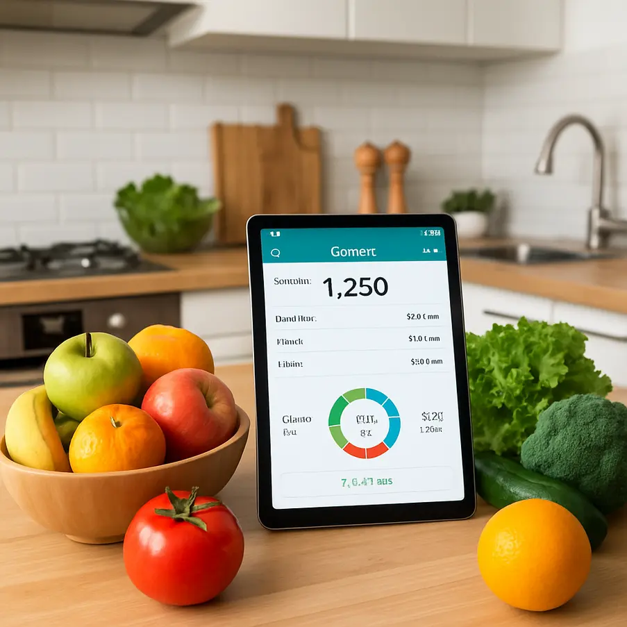 Tablet with a calorie counting app open in a kitchen with fresh produce around.