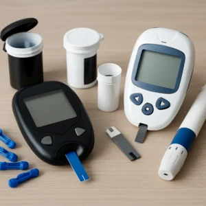 Assorted blood sugar testing kits on a table, showcasing diversity.