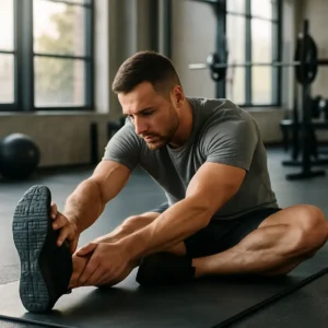 An athlete performing stretching exercises on a mat in a gym for injury prevention. Mobility Work for Injury Prevention