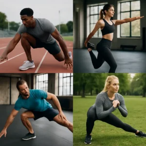 Multiple athletes performing a range of dynamic mobility exercises in various environments. Mobility Exercises for Athletes
