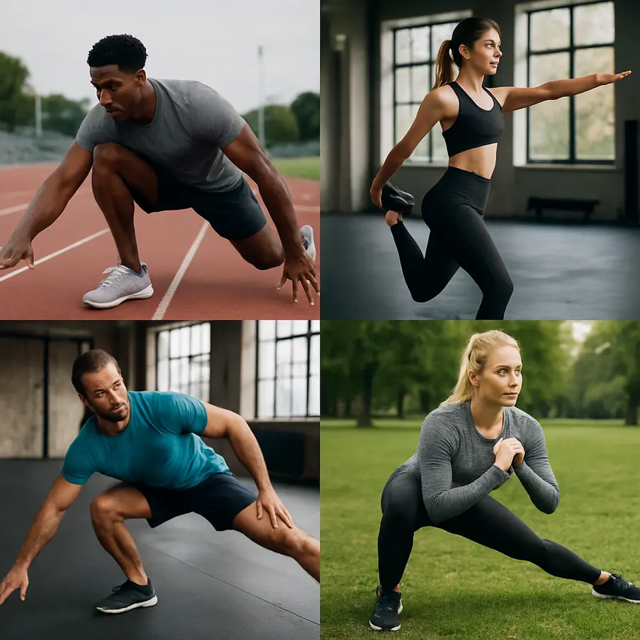 Multiple athletes performing a range of dynamic mobility exercises in various environments. Mobility Exercises for Athletes