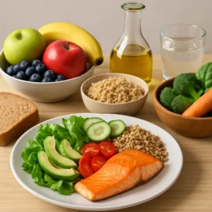 A balanced meal with fruits, vegetables, grains, proteins, and fats on a dining table.