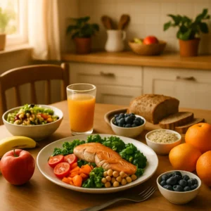 A dining table with a colorful assortment of nutritious foods, symbolizing balanced nutrition.