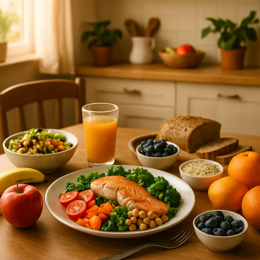 A dining table with a colorful assortment of nutritious foods, symbolizing balanced nutrition.