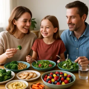 Family enjoying a healthy meal, representing intermittent fasting.