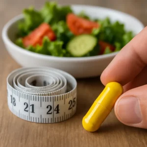 Berberine supplement capsule with measuring tape and healthy food. Berberine Natural Weight Loss