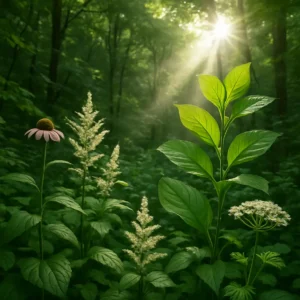 A verdant forest with sunlight highlighting medicinal plants, symbolizing the health benefits of nature. Emerging Botanical Extracts for Health