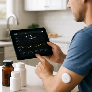 Person using a tablet to check glucose data with supplements nearby