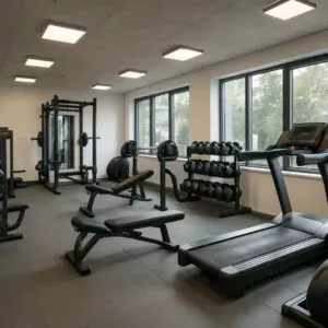 High-end gym with diverse exercise equipment arranged neatly.