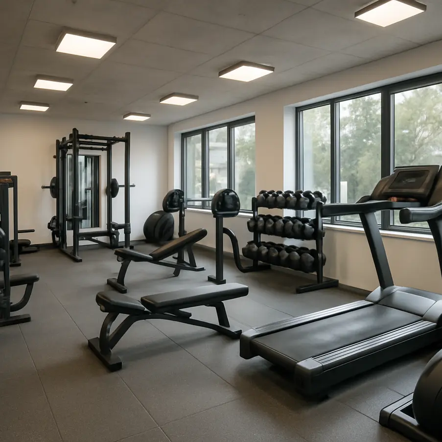 High-end gym with diverse exercise equipment arranged neatly.