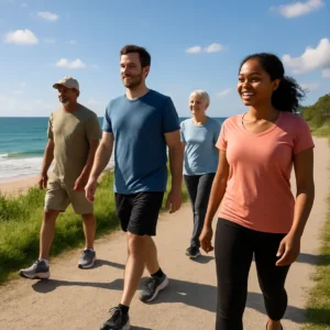 A group of people walking on a coastal path under a sunny sky, demonstrating the inclusive nature of walking for health.