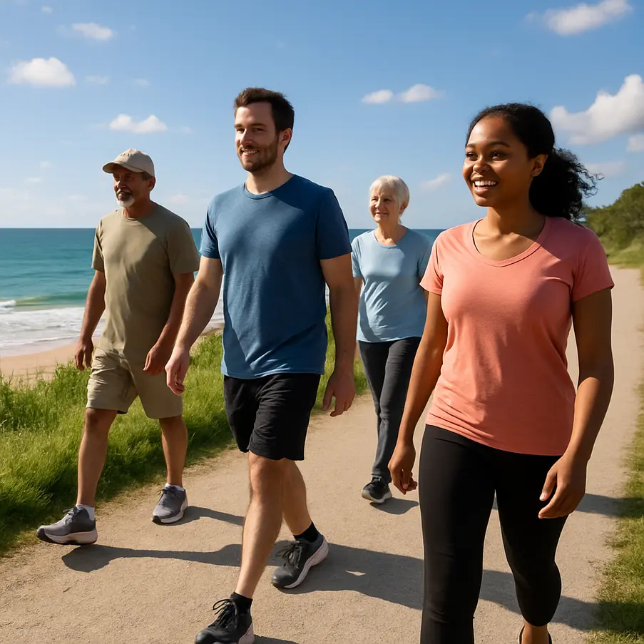 A group of people walking on a coastal path under a sunny sky, demonstrating the inclusive nature of walking for health.