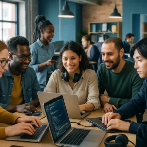 A vibrant tech hub with diverse teams working collaboratively on open source projects. Enhancing Flexibility with Open Source