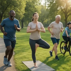 A diverse group of people exercising in a park, demonstrating the vitality brought by regular exercise.
