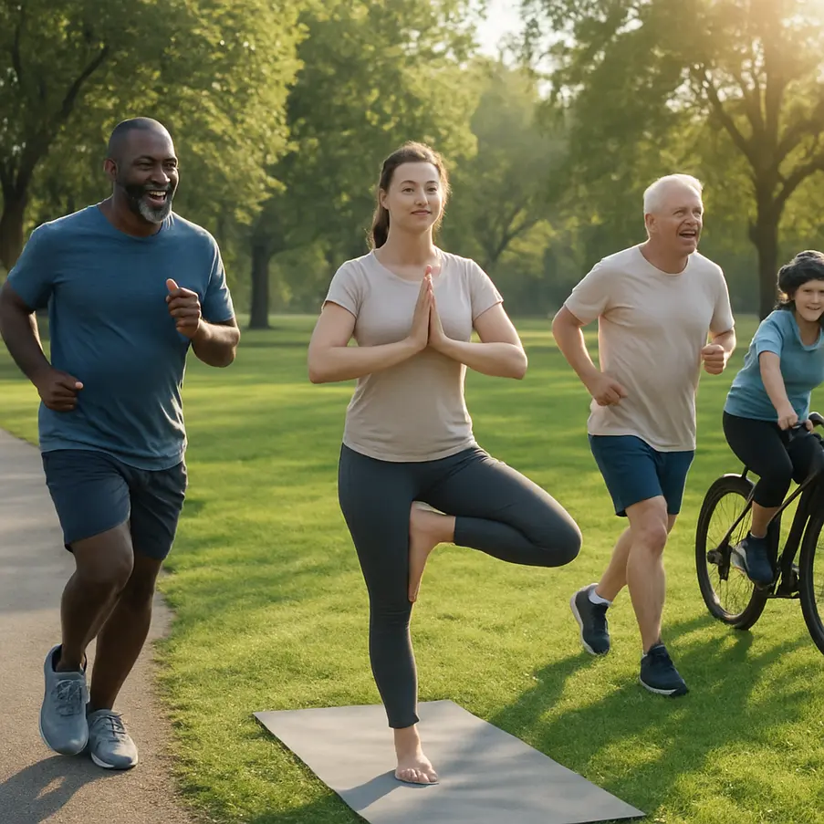 A diverse group of people exercising in a park, demonstrating the vitality brought by regular exercise.
