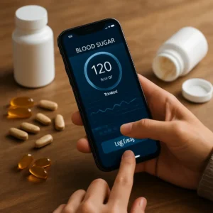 Person using a mobile health app with supplements on the table