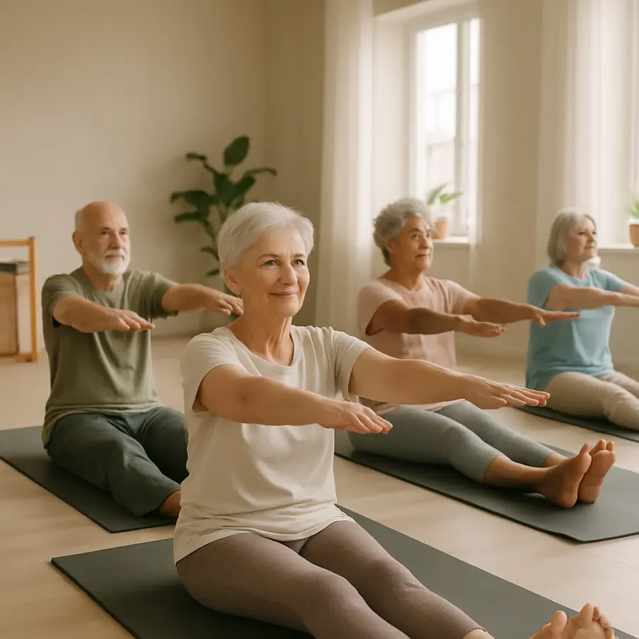 A welcoming Pilates studio with seniors engaged in gentle routines. Gentle Pilates Routines for Seniors