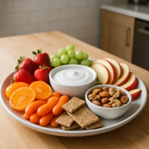 An artistic display of healthy snacks including fruits and nuts, representing weight management options.