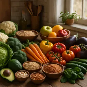 A rustic kitchen filled with a variety of fresh plant-based foods, representing healthy eating.