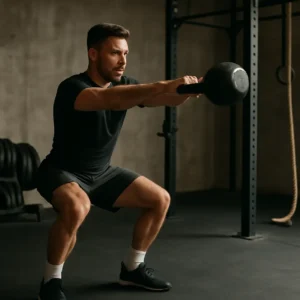 A person in motion performing a kettlebell swing against a gym setting.