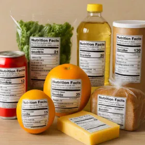 Various food items with clearly visible nutrition facts labels, highlighting the importance of informed choices.