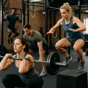 Athletes in a gym engaged in a session combining strength, endurance, and agility exercises for intermediate CrossFit workouts.