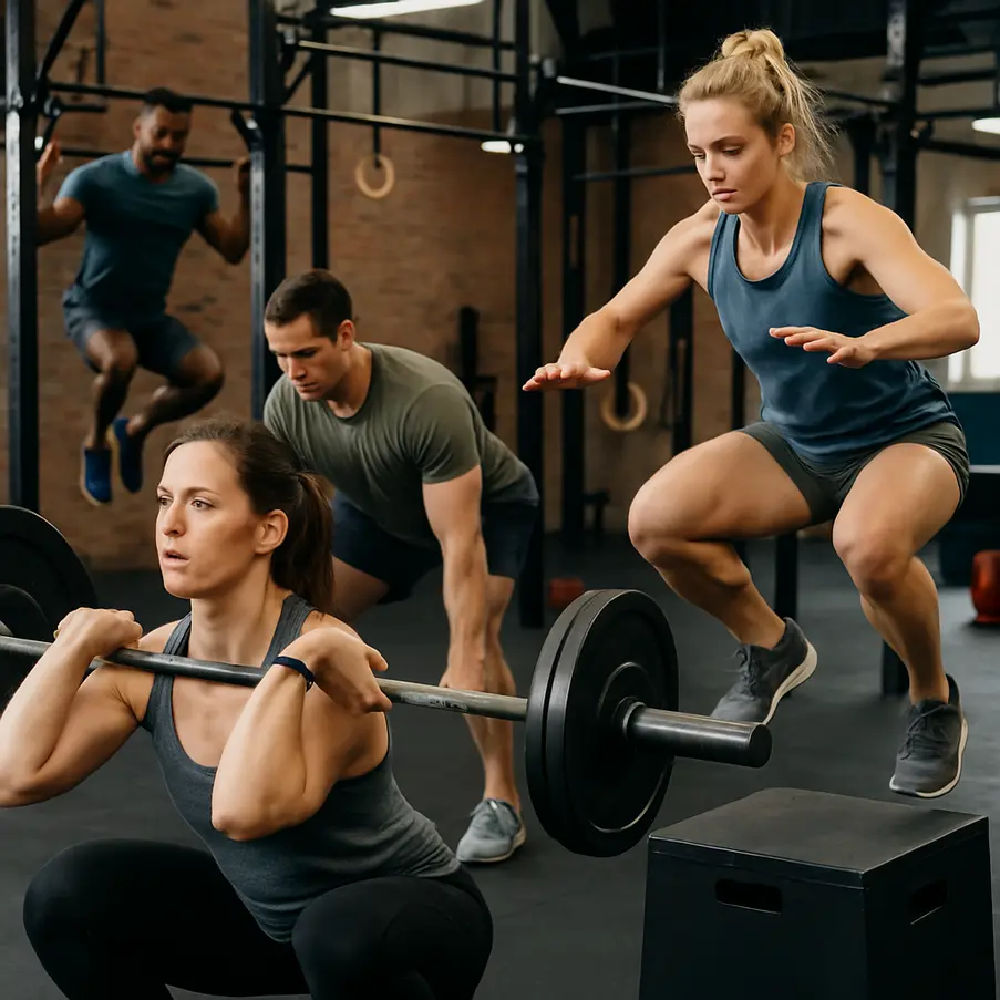 Athletes in a gym engaged in a session combining strength, endurance, and agility exercises for intermediate CrossFit workouts.