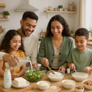Family cooking with various dairy-free ingredients, reflecting the happiness and inclusivity of lactose-free options. Alternatives for Lactose Intolerance