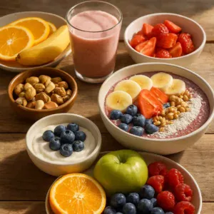 A breakfast spread with fresh fruits, nuts, and smoothie bowl on a rustic table in natural light.