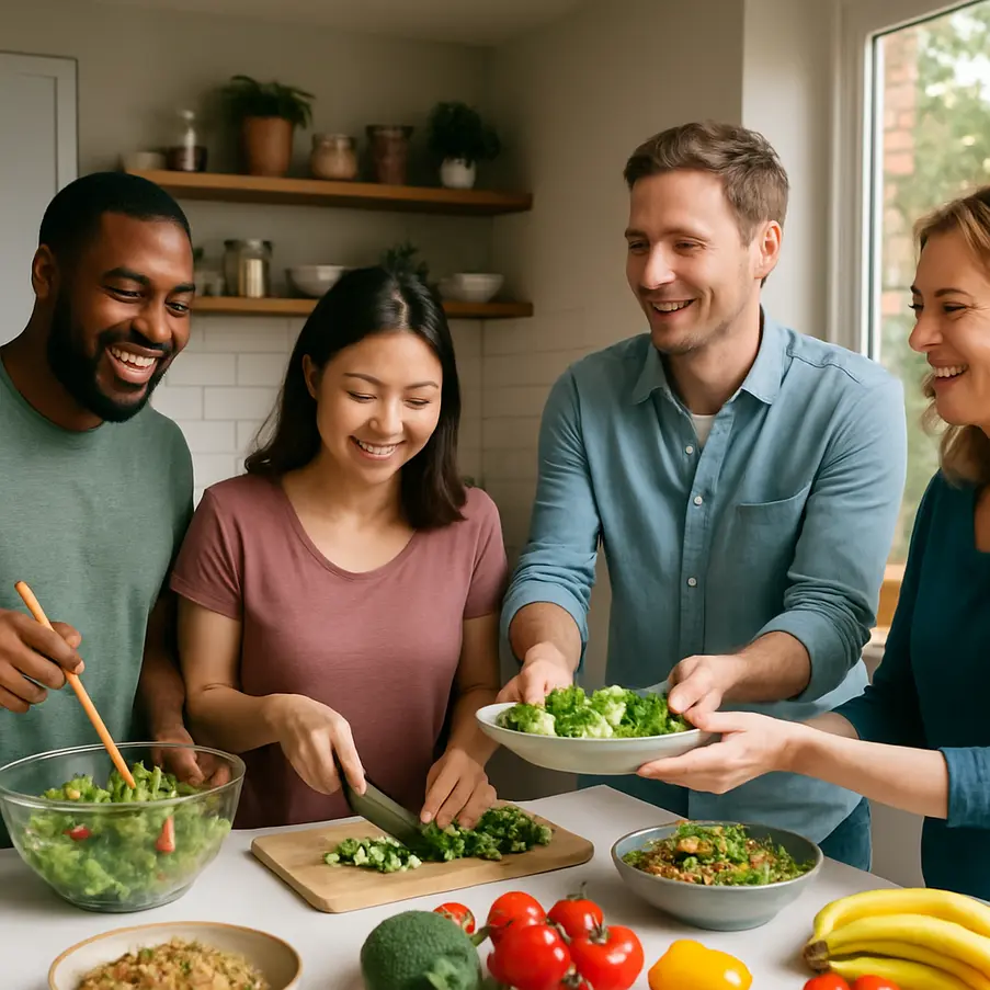 People cooking and enjoying healthy food together.