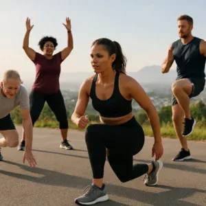 A group of diverse people exercising outdoors, demonstrating the inclusivity and flexibility of HIIT workouts.