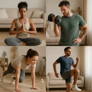 Collage of people doing various exercises in home settings to represent at-home workouts.