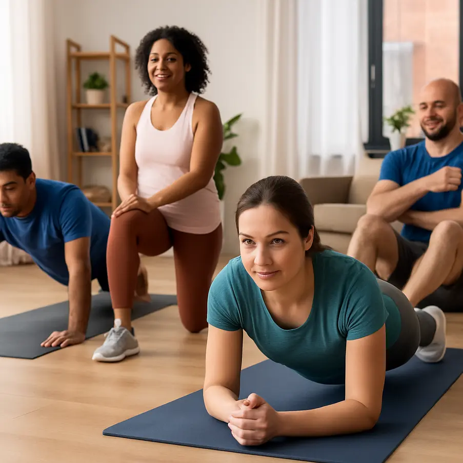 A group of beginners engaging in various home exercises.