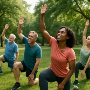 Group of people of various ages doing mobility drills in a park. Mobility Drills for Joint Health