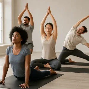A diverse group doing yoga in an open area, illustrating different poses and indicating community in practice.