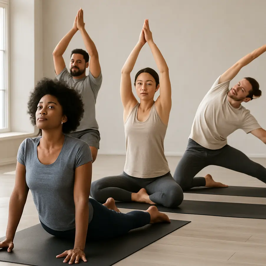 A diverse group doing yoga in an open area, illustrating different poses and indicating community in practice.