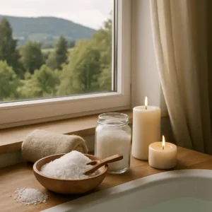 Epsom salt bath setup by window with natural views. Unlocking Weight Loss with Epsom Salt
