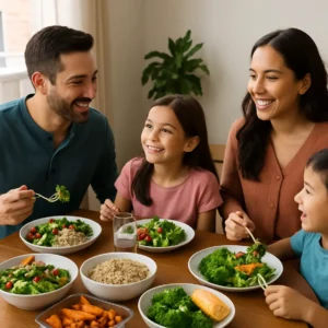Family having dinner with healthy homemade dishes on table.