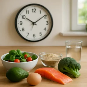 Kitchen scene depicting healthy foods and a clock for fasting context.