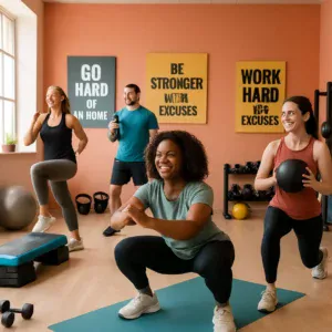 Fitness studio with beginners exercising and motivational decor.